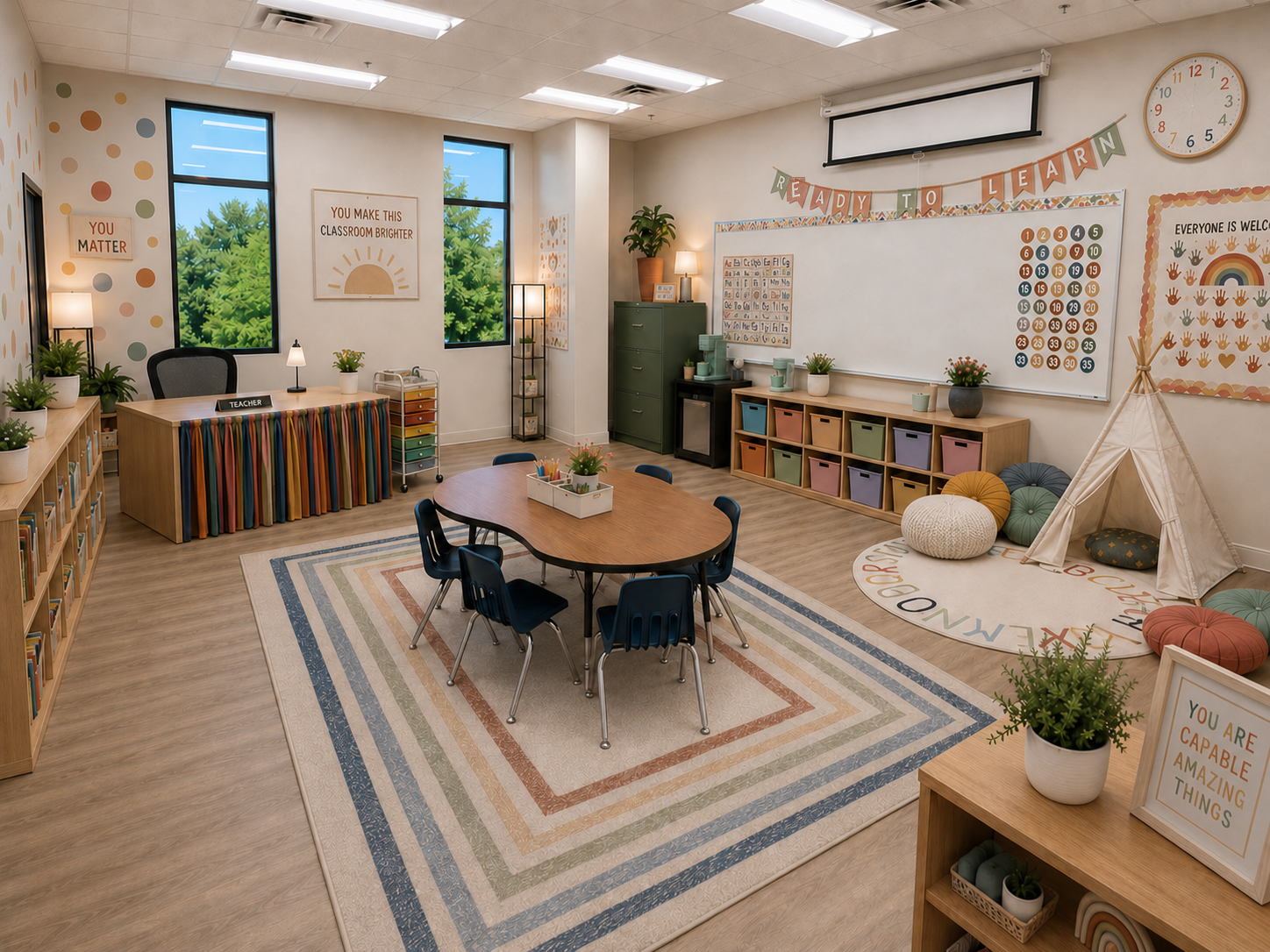 Mrs. Wilkerson's kindergarten classroom at LEAD Christian Academy with a Ready to Learn banner above the whiteboard