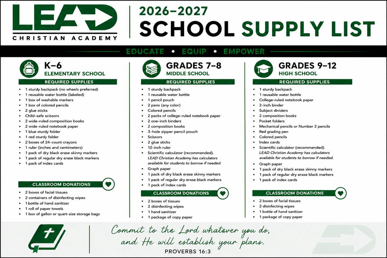 Official LEAD Christian Academy 2026–2027 school supply list for grades K through 12
